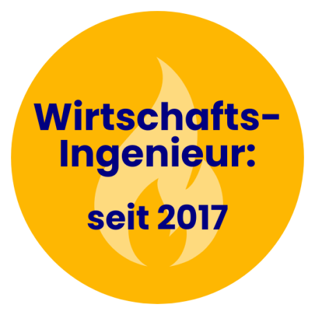 Gelbes Emblem mit dem Text „Wirtschaftsingenieur: seit 2017“ und einer flammenden Grafik.