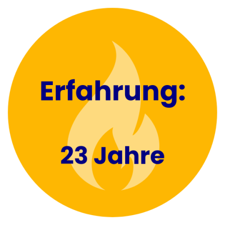 Runder, gelber Hintergrund mit der Aufschrift "Erfahrung: 23 Jahre" in blauer Schrift.